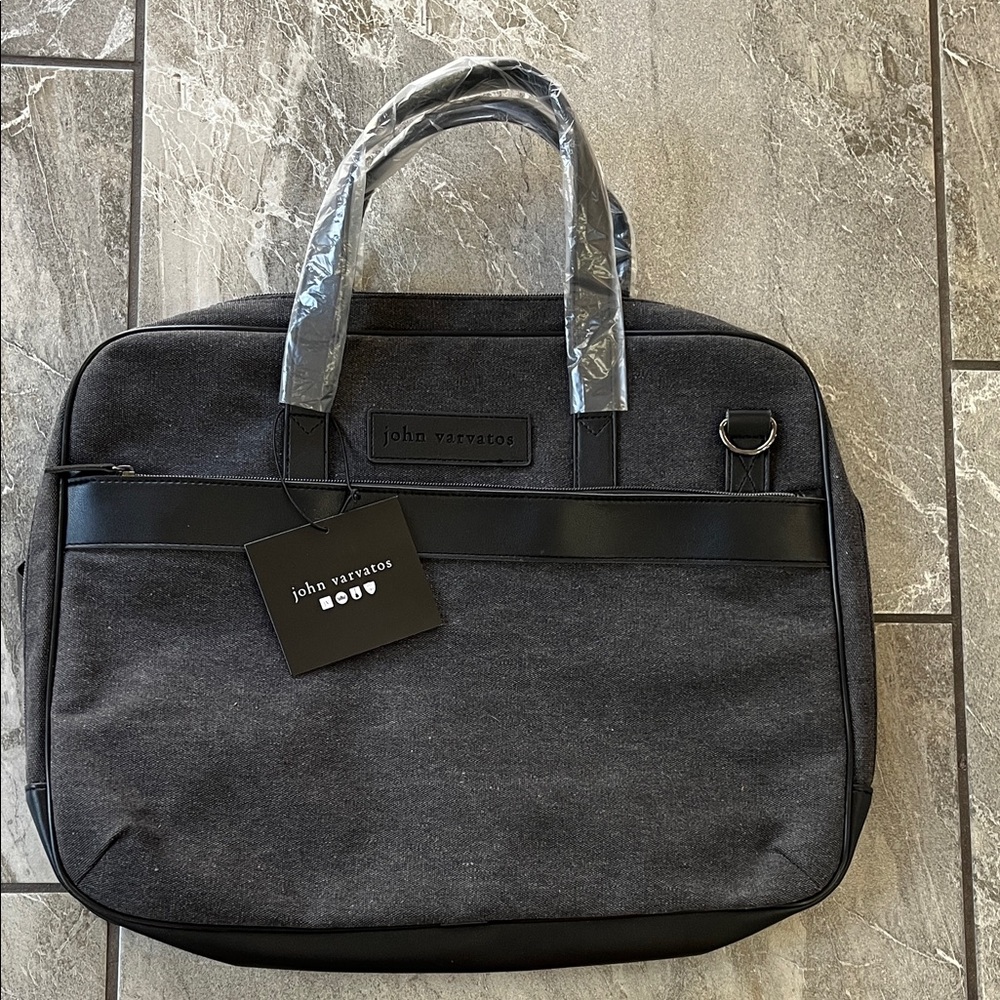 🖤 NWT John Varvatos Laptop Bag Black Grey Canvas faux leather crossbody strap